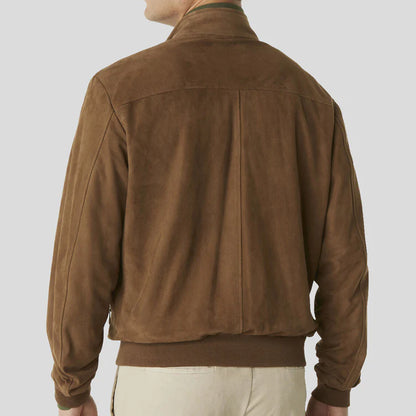 Men Dark Brown Suede Leather Bomber Jacket