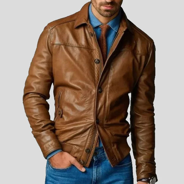 Men Brown Leather Bomber Jacket