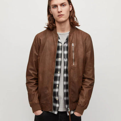 Men Brown Lambskin Bomber Jacket