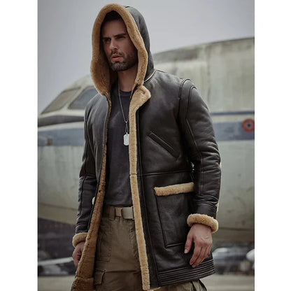 Men b7 bomber sheepskin leather coat with hood