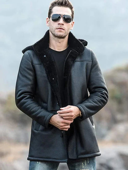 Men sheepskin fur leather coat with hood