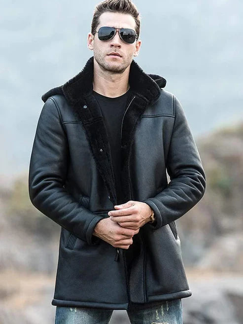 Men sheepskin fur leather coat with hood