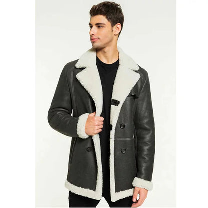 Men white fur sheepskin leather coat black