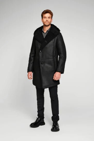Men black hooded shearling leather coat
