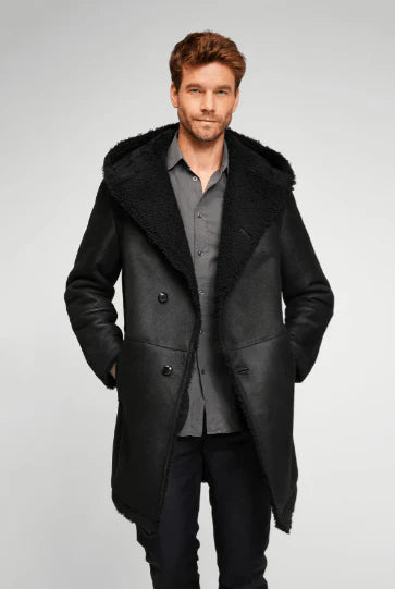 Men black hooded shearling leather coat
