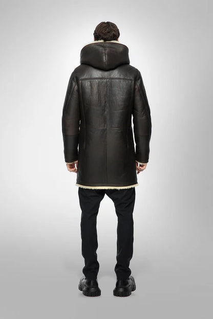 Men Black Hooded Sheepskin Shearling Coat