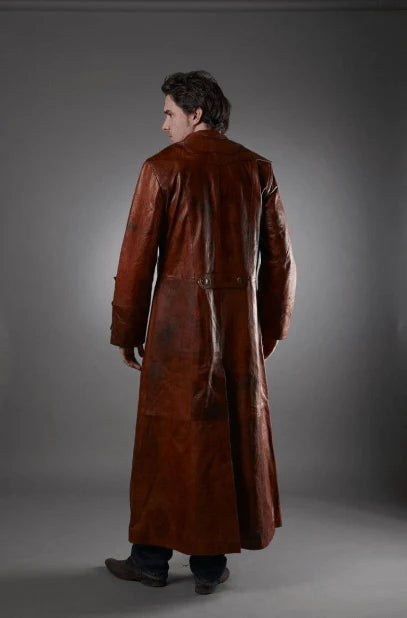 Men Dark Brown Long Leather Coat