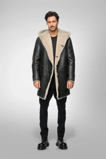 Men black shearling coat with hood