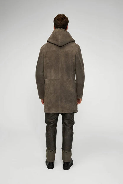 Men gray sheepskin leather coat with hood