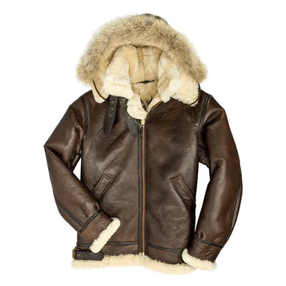 Men Dark Brown Hooded Shearling B3 Bomber Jacket