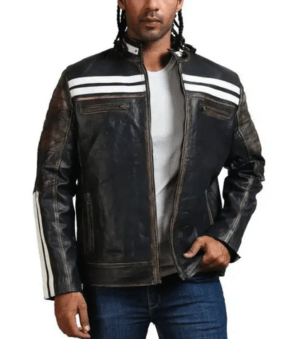 Men black cafe racer leather jacket