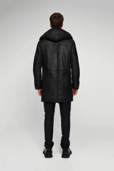 Men black hooded shearling leather coat