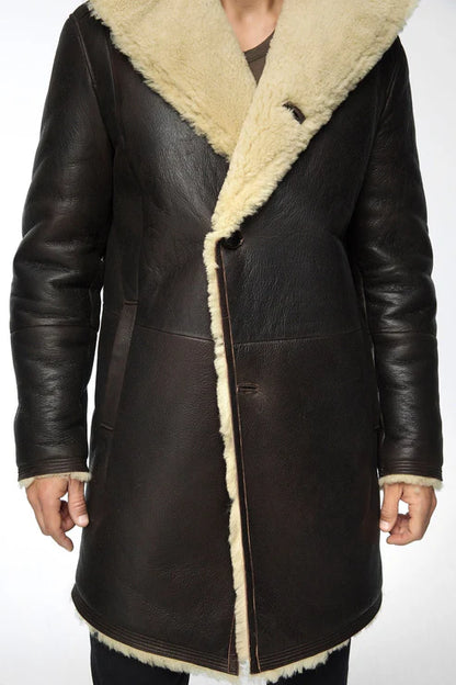 Men Black Hooded Sheepskin Shearling Coat