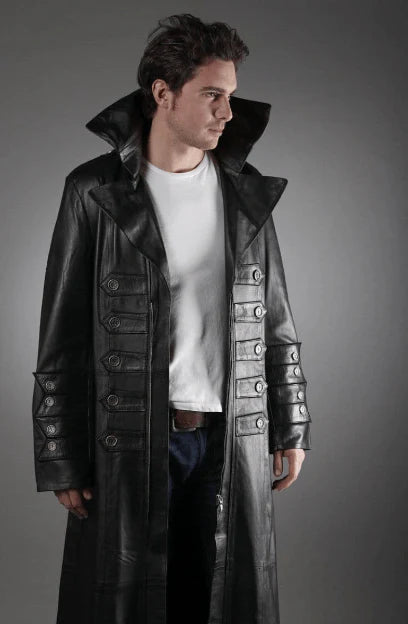 Men Black Long Leather Coat