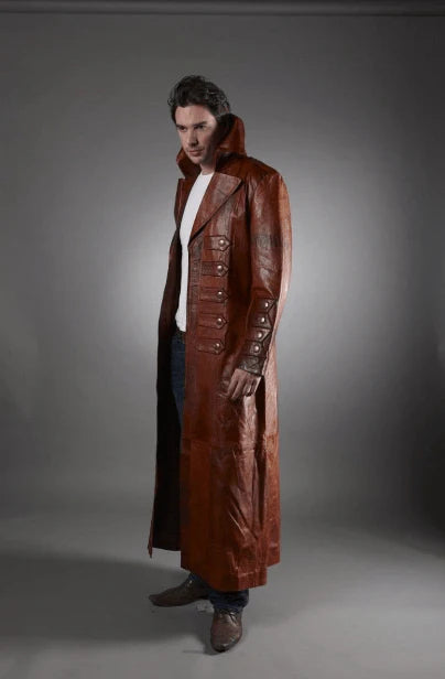 Men Dark Brown Long Leather Coat