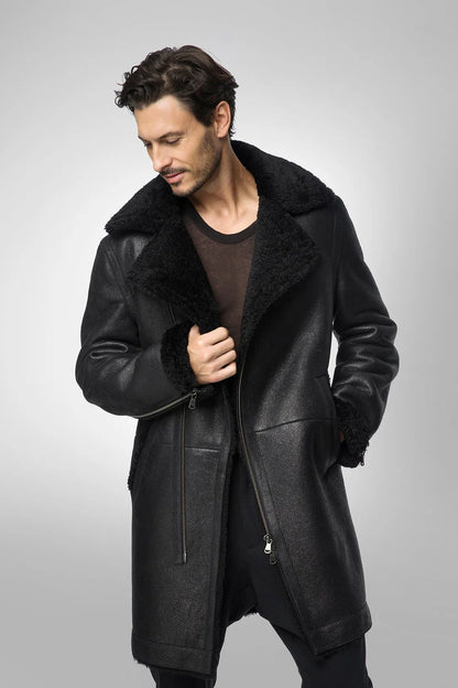 Men Black B7 Shearling Bomber Leather Coat
