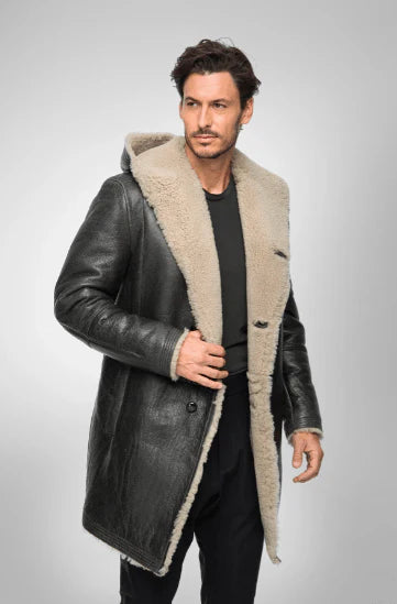 Men black shearling coat with hood