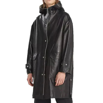 Men Black Hooded Leather Trench Coat