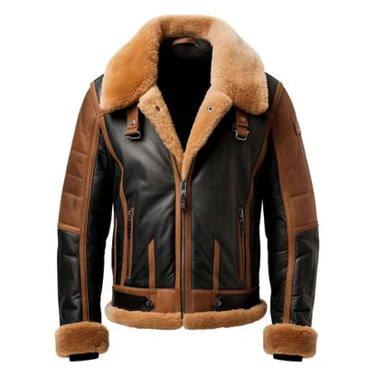 Men Black Sheepskin Leather Bomber Jacket with Brown Lining
