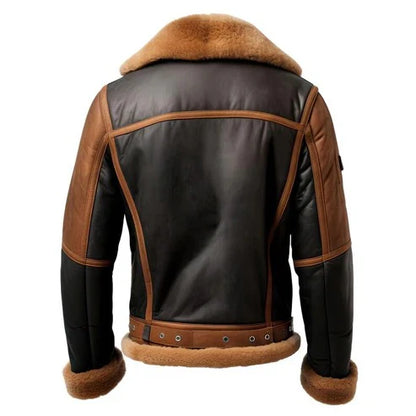 Men Black Sheepskin Leather Bomber Jacket with Brown Lining