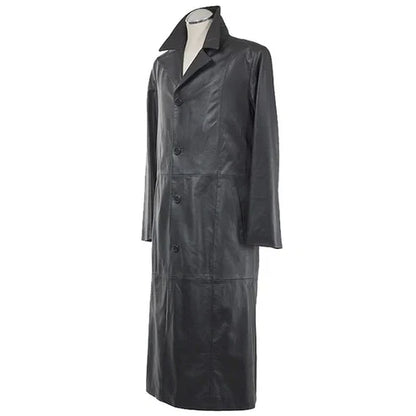 Men Long Black Leather Trench Coat