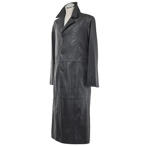 Men Long Black Leather Trench Coat