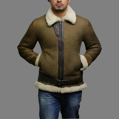 Men Aviator Real Shearling Sheepskin Leather Bomber Flying Jacket