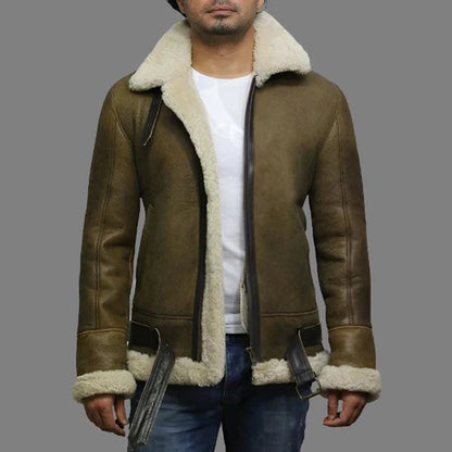 Men Aviator Real Shearling Sheepskin Leather Bomber Flying Jacket