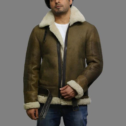 Men Aviator Real Shearling Sheepskin Leather Bomber Flying Jacket