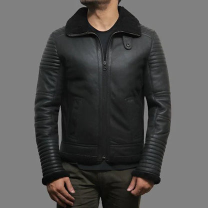 Men Black Sheepskin Shearling Flying Jacket
