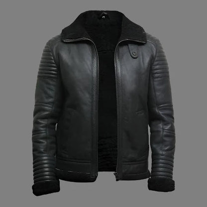 Men Black Sheepskin Shearling Flying Jacket