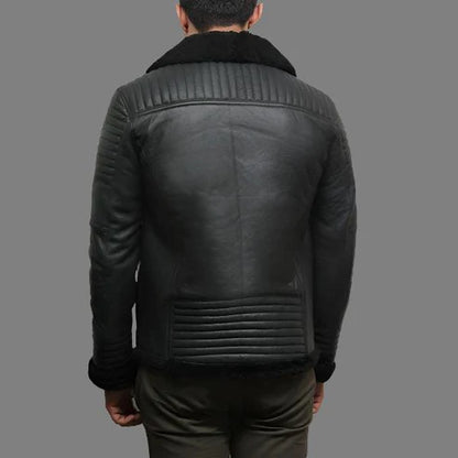 Men Black Sheepskin Shearling Flying Jacket