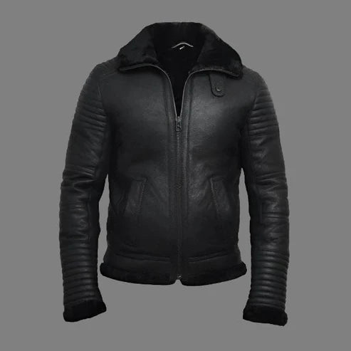 Men Black Sheepskin Shearling Flying Jacket