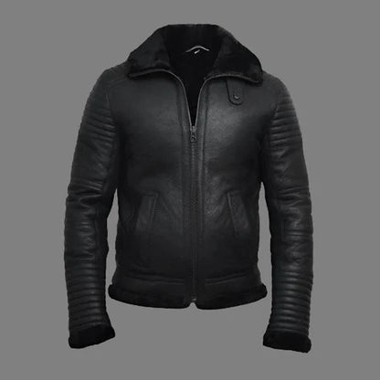 Men Black Sheepskin Shearling Flying Jacket