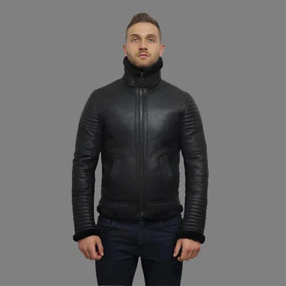 Men Black Sheepskin Shearling Flying Jacket