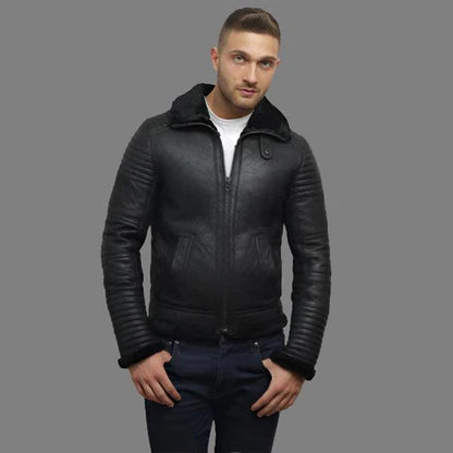 Men Black Sheepskin Shearling Flying Jacket