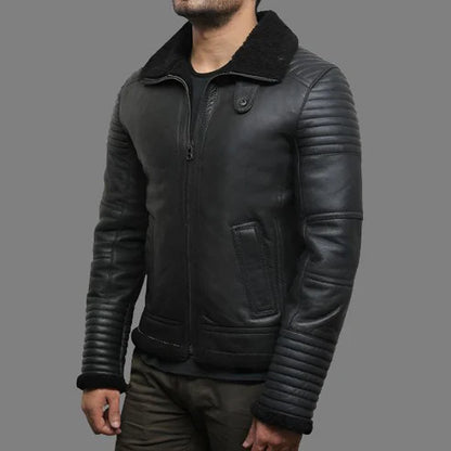 Men Black Sheepskin Shearling Flying Jacket