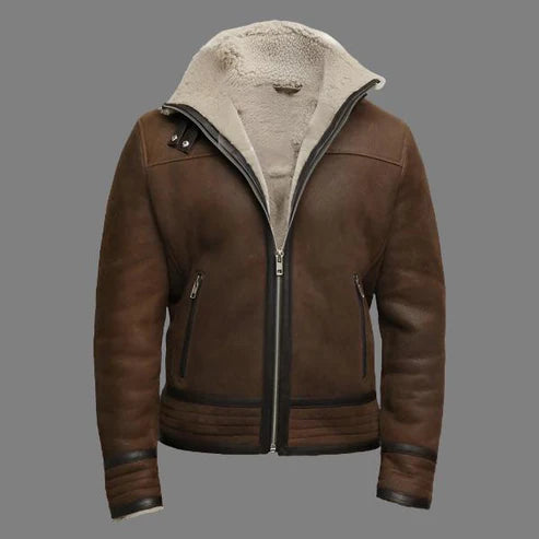 Men Brown Shearling Sheepskin Leather Jacket Vintage