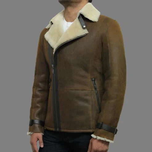 Men Luxury Rust Brown Shearling Aviator Jacket