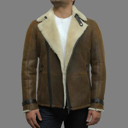 Men Luxury Rust Brown Shearling Aviator Jacket