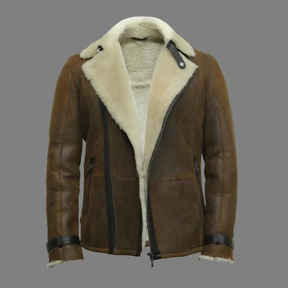 Men Luxury Rust Brown Shearling Aviator Jacket