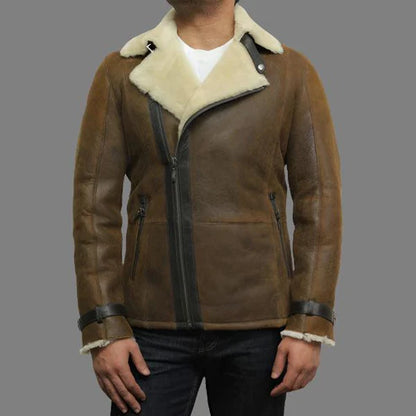 Men Luxury Rust Brown Shearling Aviator Jacket