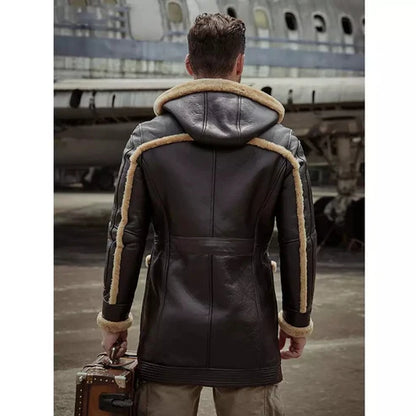 Men b7 bomber sheepskin leather coat with hood