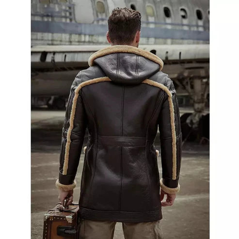 Men b7 bomber sheepskin leather coat with hood