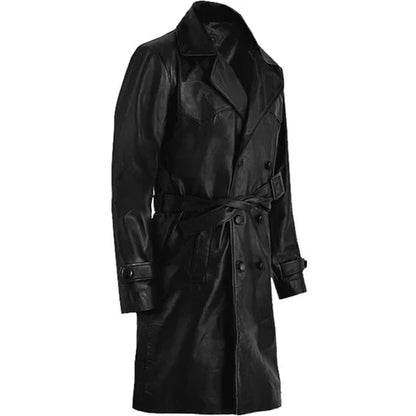 Men Black Double-Breasted Leather Trench Coat
