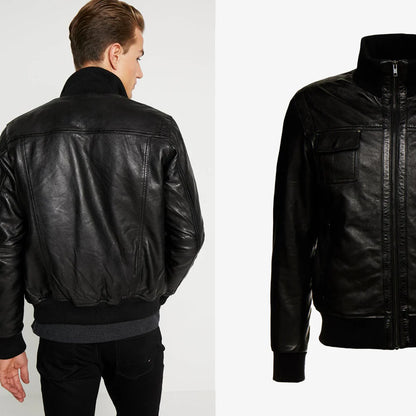 Men’s Black Leather Bomber Jacket