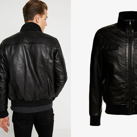 Men’s Black Leather Bomber Jacket