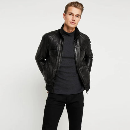 Men’s Black Leather Bomber Jacket