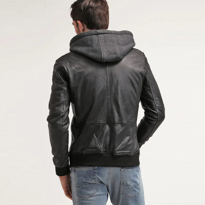 Men's Black Leather Hooded Bomber Jacket