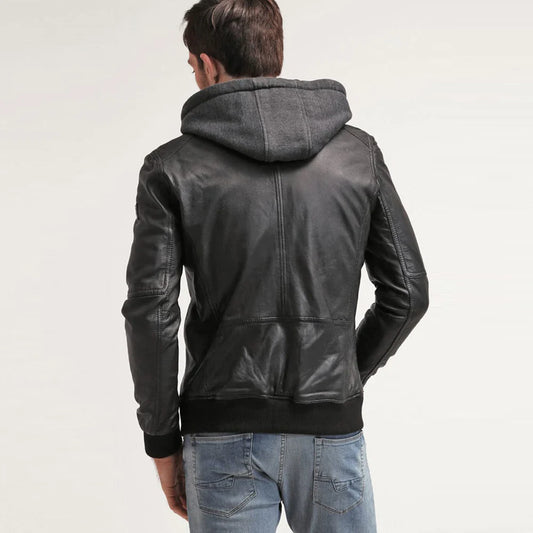 Men's Black Leather Hooded Bomber Jacket